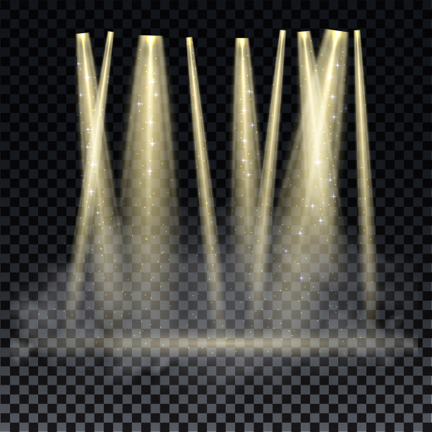 黄金的聚光灯下。明亮的灯光与聚光灯的舞台上透明的背景图片下载