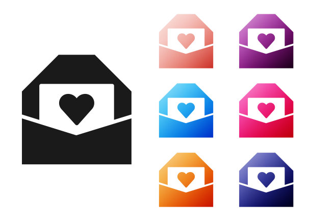 黑色信封与情人节心形图标孤立在白色背景。消息的爱。信上写着爱和浪漫。设置图标丰富多彩。向量图片下载