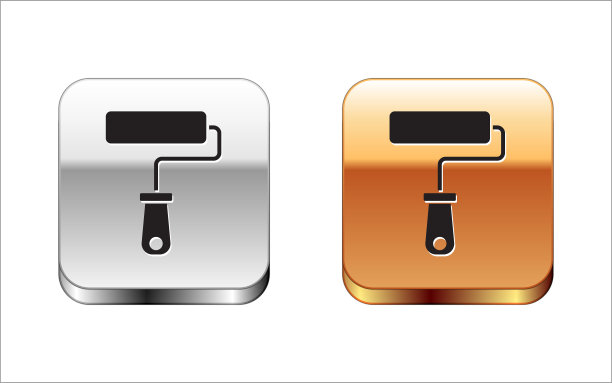 黑色油漆滚筒刷图标隔离在白色背景上。金银平方按钮。向量图片下载