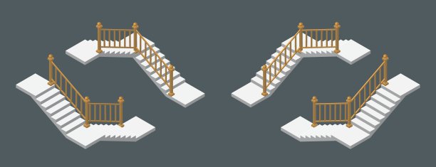 等距矢量插图现代混凝土楼梯的外部或内部孤立在黑暗的背景。在不同位置的步骤或阶梯矢量图标在平面卡通风格。图片下载