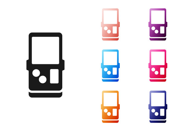 黑色便携式俄罗斯方块电子游戏图标孤立的白色背景。复古风格口袋砖游戏。互动游戏设备。设置图标丰富多彩。向量图片下载