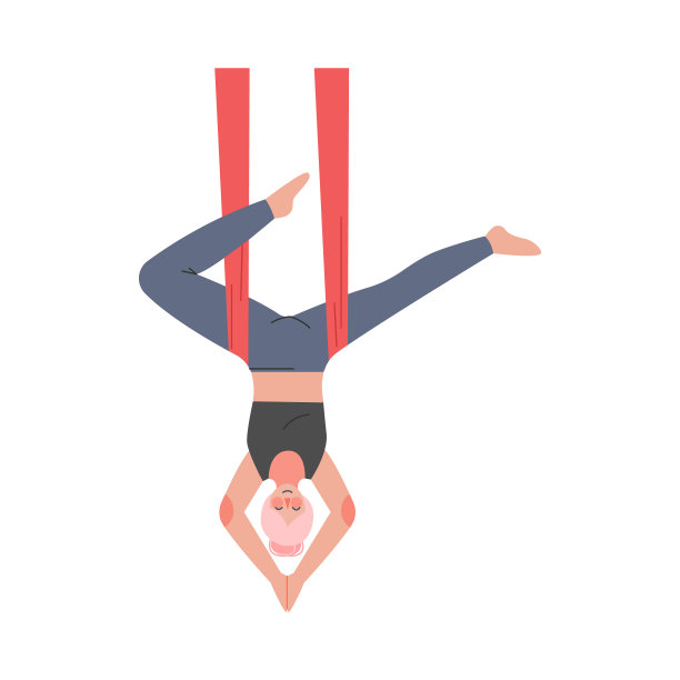 女孩做空气瑜伽，苗条的年轻女子在运动服练习空气瑜伽倒立姿势与吊床，健康的生活方式，健身锻炼卡通风格矢量插图图片下载