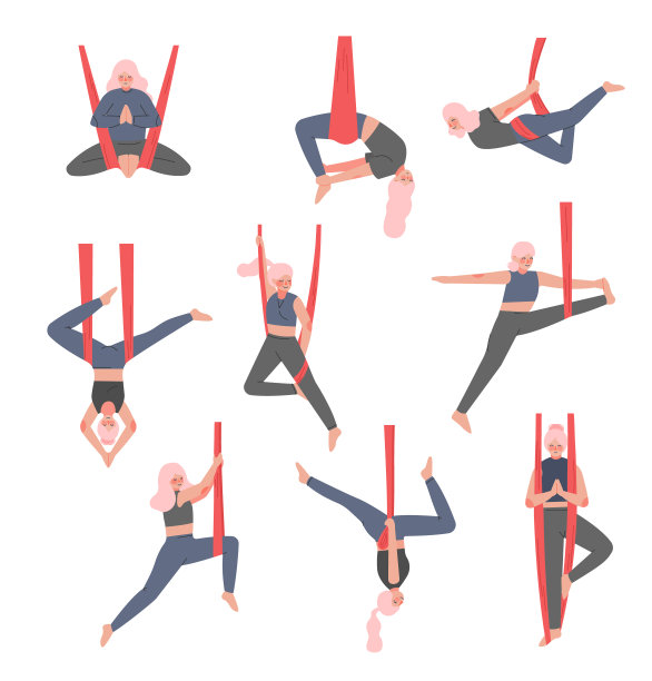 女孩做空中瑜伽设置，苗条的年轻女子运动服练习空中瑜伽吊床，健康的生活方式，健身运动概念卡通风格矢量插图图片下载