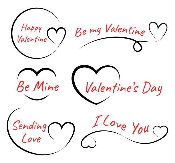 情人节刻字与手绘爱情元素集。心线艺术矢量插图图片下载