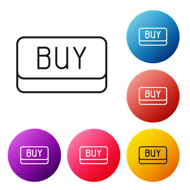 黑色线购买按钮图标孤立的白色背景。金融和股票投资市场概念。设置彩色圆形按钮图标。向量图片下载