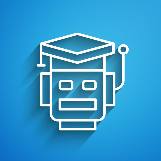 白色线机器人图标隔离在蓝色背景。人工智能，机器学习，云计算。长长的阴影。向量图片下载