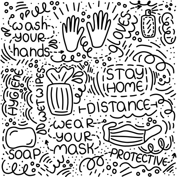 用符号和文字描述隔离、covid-19、冠状病毒、封锁、预防措施对象的涂鸦风格插图。黑白矢量手绘无缝图案图片下载