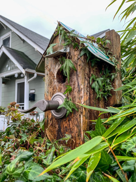 手工花园鸟屋使用旧门把手和牌照屋顶图片下载