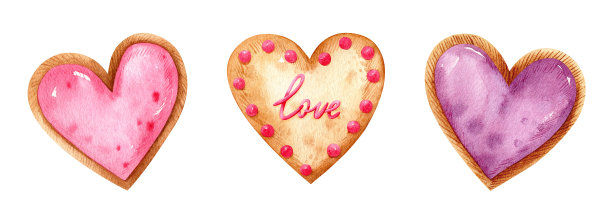 情人节水彩画与心形饼干水果馅和节日装饰图片下载