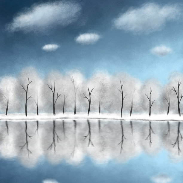 水彩冬天的风景森林和湖泊在蓝色和白色的颜色图片下载