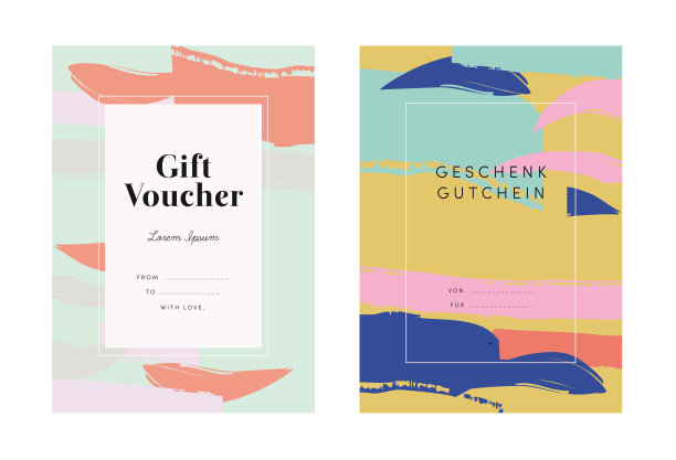 时尚礼品券礼品券矢量模板集。时尚抽象风格，时尚布局。可编辑的现代设计，样本文本复制空间花哨的字母。诡异的艺术笔触图案可爱明亮柔和的色彩线条框架。德国图片下载
