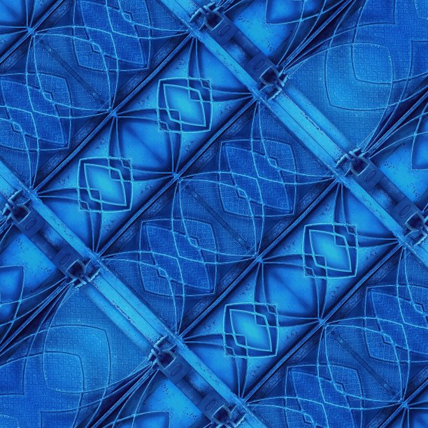 复杂的几何焊接金属安全门图案和设计在明亮的蓝色图片下载