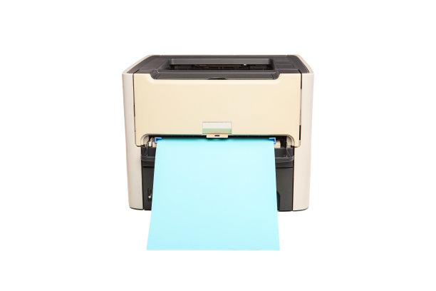 激光打印机与空白蓝色纸隔离在白色图片下载