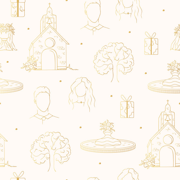 金色的新娘和新郎的脸，喷泉，教堂，婚礼树为邀请卡背景。矢量隔离优雅的金婚无缝图案。图片下载