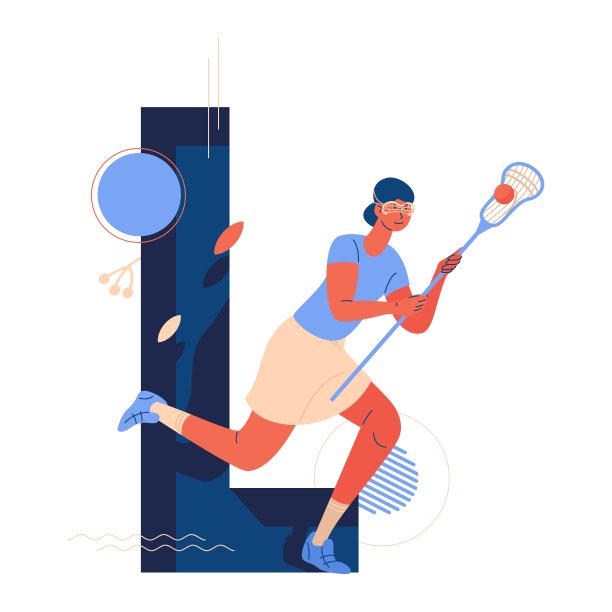 女子跑在长曲棍球比赛中与球和棍子。用大写字母L装饰树叶和几何形状图片下载