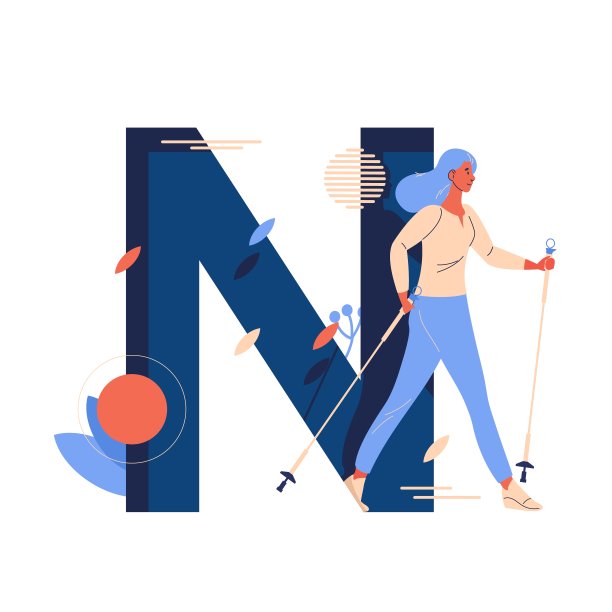 北欧走路的女人，背景上有大字母N。可爱的女性性格孤立于白人而训练。图片下载