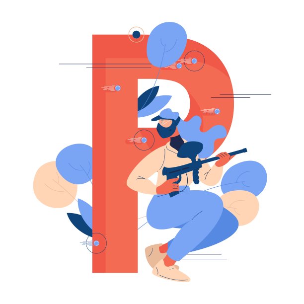 大写字母P和女人躲在彩弹游戏中孤立在白色上。概念插图很适合极限运动俱乐部。图片下载