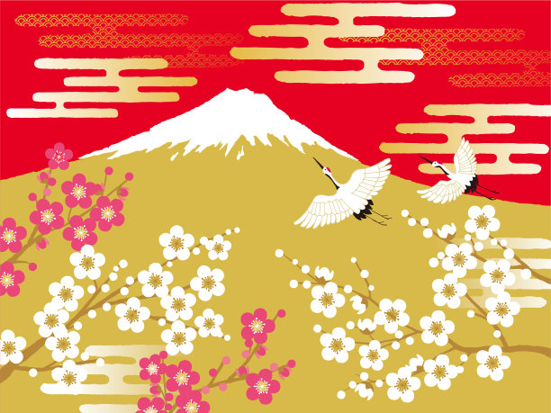 日本的丹顶鹤飞在富士山和梅松图片下载