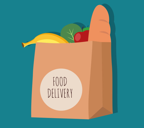 纸袋里的食物，有标志。外卖标志。从商店买来的杂货装在纸袋里，等着送货上门。图片下载