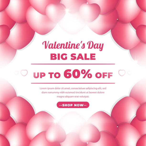 粉红色的情人节横幅。2月14日促销的浪漫横幅。大减价50%的时尚，数字推广，代金券或卡。矢量图图片下载