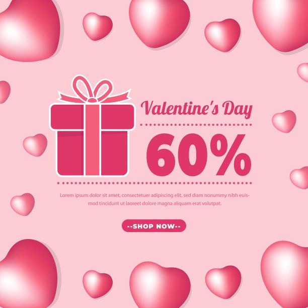 粉红色的情人节横幅。2月14日促销的浪漫横幅。大减价50%的时尚，数字推广，代金券或卡。矢量图图片下载