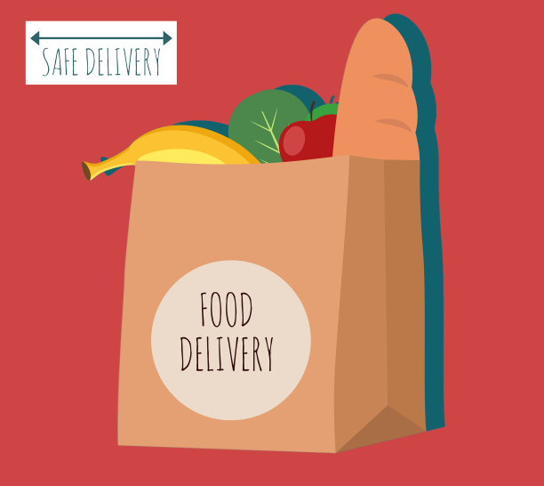 纸袋里的食物，有标志。外卖标志。从商店买来的杂货装在纸袋里，等着送货上门。图片下载
