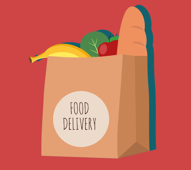 纸袋里的食物，有标志。外卖标志。从商店买来的杂货装在纸袋里，等着送货上门。图片下载