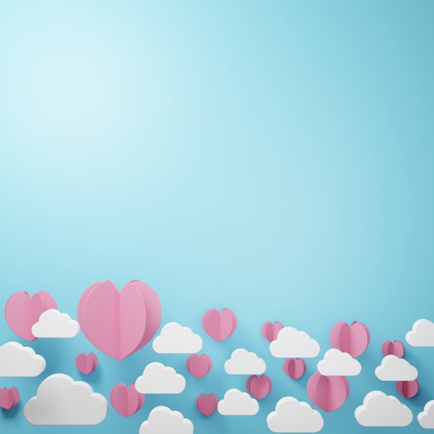 3D插图的爱情和情人节，白色的云和粉红色像剪纸心漂浮在蓝色的背景。三维渲染图片下载