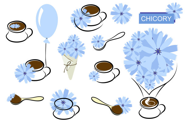 纸角一套蓝色菊苣花，杯饮，匙，花束菊苣。设计抽象插图。图片下载