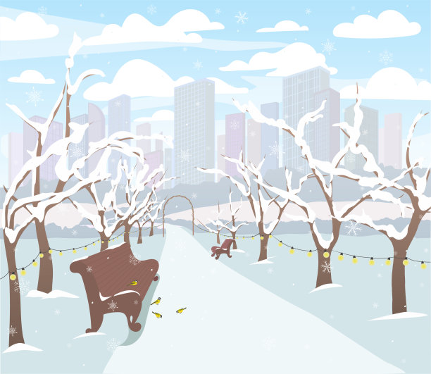 城市冬季公园有白雪覆盖的树木，长椅，小路，鸟和灯笼。城市和城市公园的冬季自然景观。矢量图图片下载