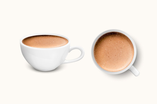 矢量三维现实的白瓷陶瓷杯与牛奶咖啡和泡沫集隔离在白色背景。卡布奇诺,拿铁咖啡。股票矢量插图。模型设计模板。前视图和俯视图图片下载