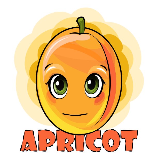 在抽象的背景上的杏。脸铭文。孤立的物体在白色上。成熟。卡通平的风格。插图。微笑。向量图片下载