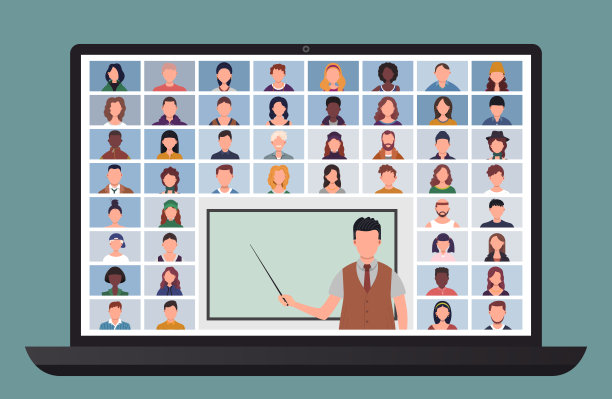 在线课堂。学生在家里用电脑学习。通过电话会议在家学习。冠状病毒隔离期间使用笔记本电脑进行视频电话会议。远程教育概念说明图片下载