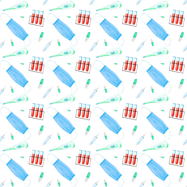 水彩医疗无缝模式上的白色背景。面罩，听诊器，注射器，温度计，试管无尽打印。手绘护士背景。医院的壁纸。图片下载