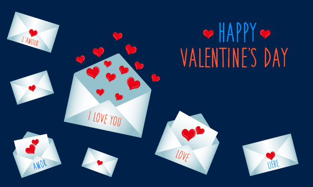 矢量设计-情人节快乐。情书装在信封里，用不同的语言写满爱心和爱的话语。图片下载