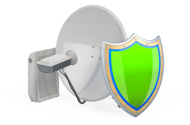 带有屏蔽的卫星碟形天线，在白色背景上独立的3D渲染图片下载