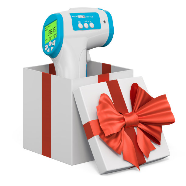 非接触式红外温度计内礼盒，现概念。3D渲染孤立的白色背景图片下载