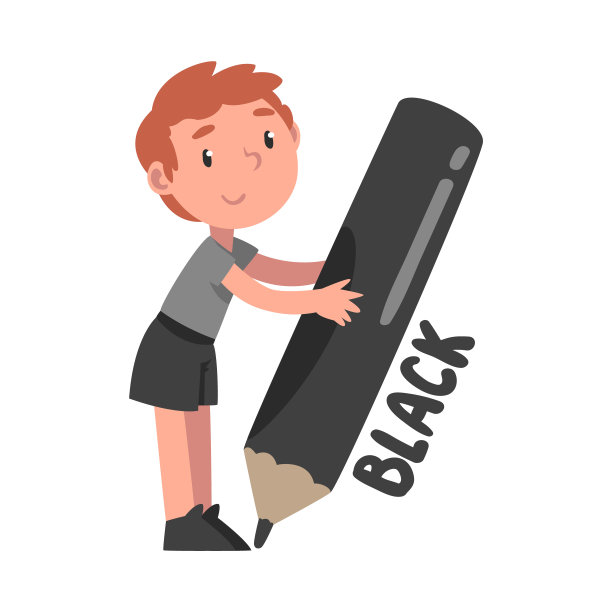 小男孩拿着巨大的黑色铅笔，可爱的孩子穿着灰色t恤和黑色短裤与大蜡笔卡通风格矢量插图图片下载