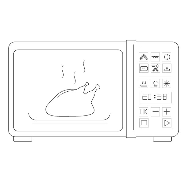 家用微波炉轮廓矢量图标的网页设计孤立在白色的背景。微波炉的Home图标，里面有一只鸡图片下载