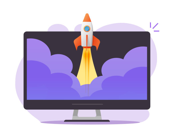 创业上线电脑pc矢量概念平面卡通插画，创新项目开发思路，显示器屏幕与火箭飞船高速飞行隔离图标现代图片下载