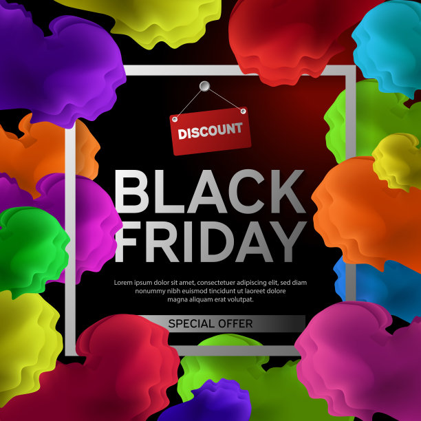 黑色星期五销售海报与彩色云在黑色背景与正方形框架。矢量图图片下载