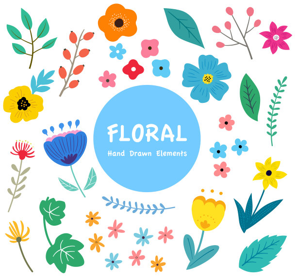 花和叶插图集，手绘味道与春天植物图片下载