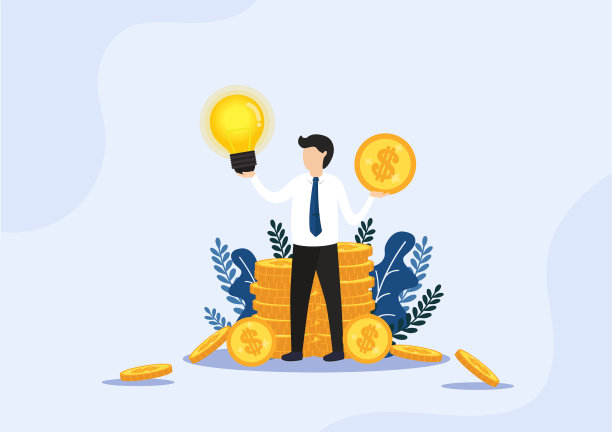 商人站在金币堆前图片下载