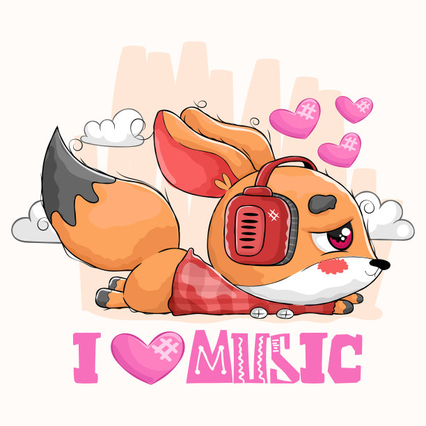 可爱的小狐狸戴着耳机听音乐图片下载