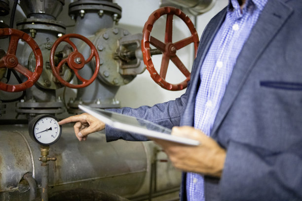 成功的高级主管在西装和头盔持有，站在旁边的仪表盘在电厂库存照片图片下载