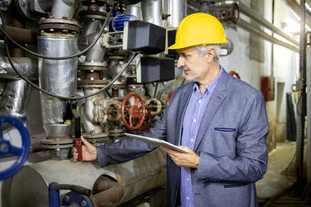 成功的高级主管在西装和头盔持有，站在旁边的仪表盘在电厂库存照片图片下载