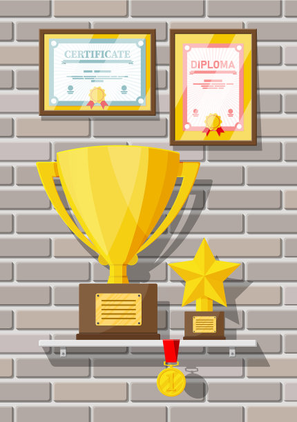 木制架子上的奖杯和奖品收藏图片下载