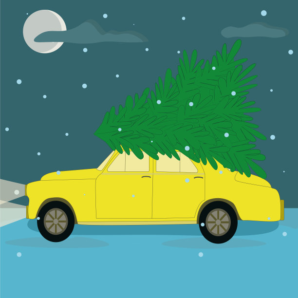 一辆黄色的复古汽车上挂着一棵圣诞树图片下载