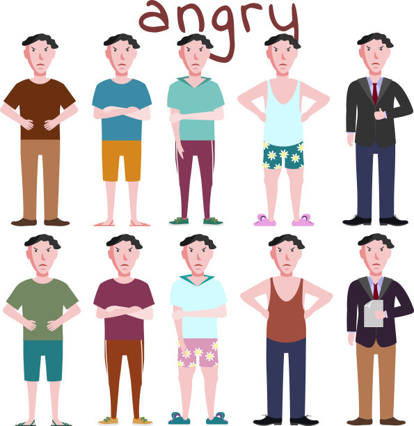 十个愤怒的家伙，穿着不同的衣服，摆着不同的姿势图片下载