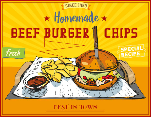 牛肉汉堡、薯条和酱汁的插画。快餐。古董汉堡海报。图片下载
